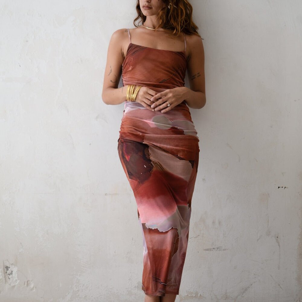 12th Tribe Caterina Rust Abstract Mesh Midi Dress Size XL